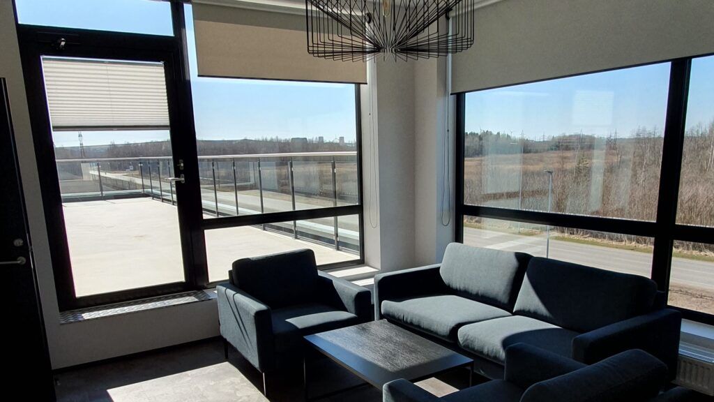 Lounge area and terrace on the second floor of the office building