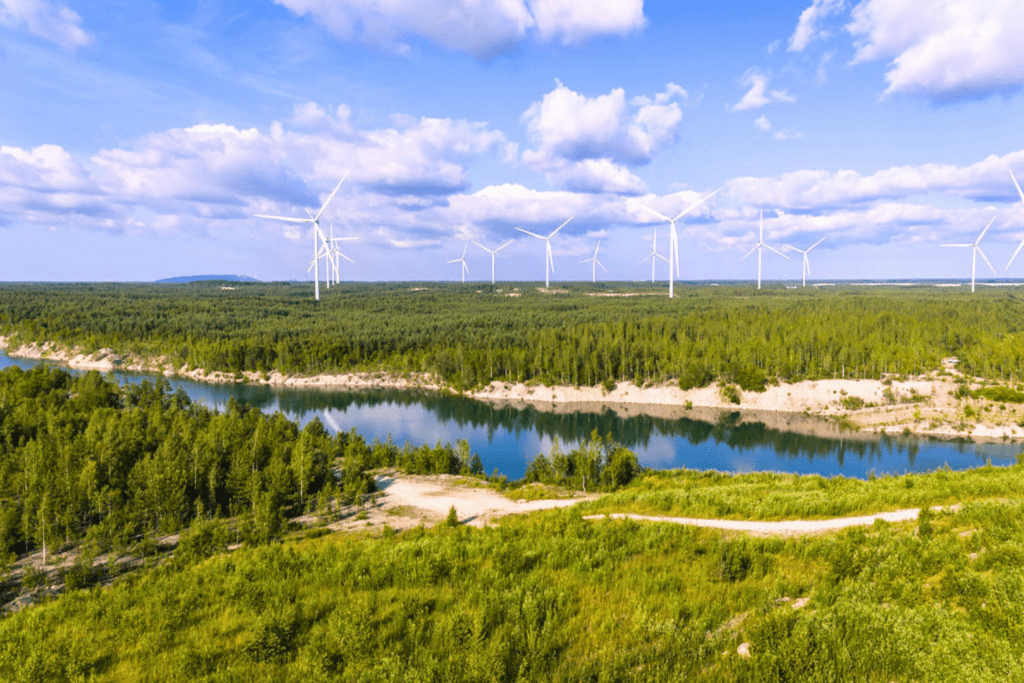 Aidu Quarry in Estonia with water channels and wind turbines on former oil shale mining terrain; photo by Kristo Mägi