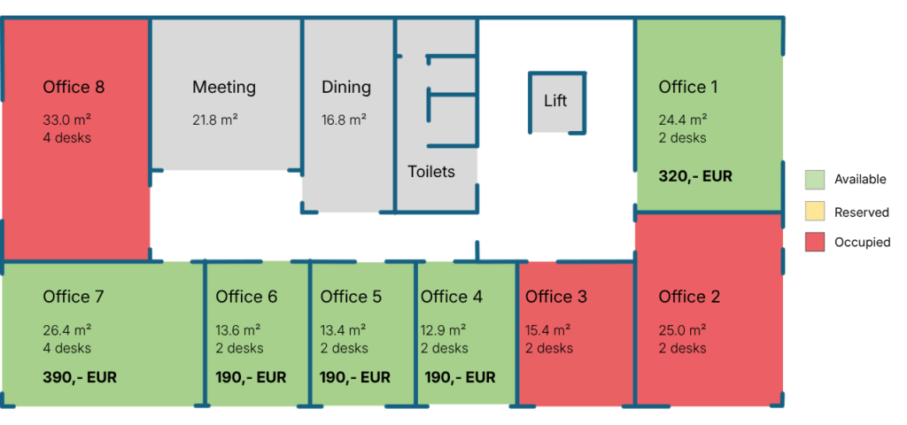 plan of office premises; available, occupied and reserved premises