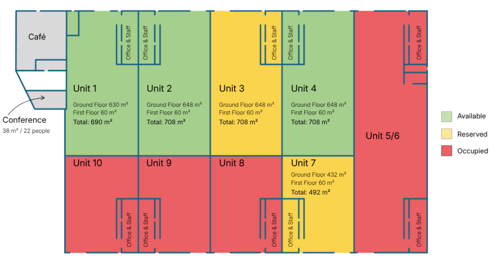 Narva Industrial Incubator production spaces plan showing available and occupied units and their floor areas